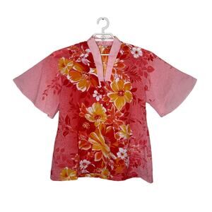 Vtg GREENCASTLE 70's Hawaiian Popover Blouse Pink Yellow Hibiscus‎ Flower Sz M
